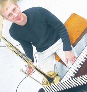 Matt Moresi <span class='credit'>Photo By: Kristyn Sonnenberg | Photo Editor</span><span class='description'>Matt Moresi plays a number of instruments, including the piano, trombone, and accordion pictured here, along with teaching and composing. You can witness his talent many weekends throughout the year at Schuberg’s Bar as part of the Susan Morris and Kiko Jazz group.</span>