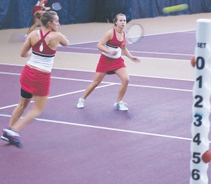 Doubles <span class='credit'>Photo By: Kristyn Sonnenberg | Photo Editor</span><span class='description'>Tiffany Rheynard and Amy Ingle defeated their Wayne State opponents 8-4 in their doubles match on Sundayl.</span>