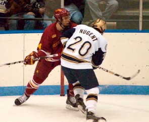 "For the Win: Ferris State came head to head with Notre Dame twice this month, winning the first game 5-2 and the second 4-2. The Bulldogs’ 12 game winning streak and 10-2-2-2 record in the Central Collegiate Hockey Association has brought them into a first place tie in the conference. The team will continue the fight in two home games against Miami this weekend. Photo Courtesy of Joe Gorby, Ferris State Athletics