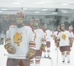 Out for the Count: The Ferris State hockey team leaves the ice after the second disappointing defeat of the weekend. The Bulldogs played Miami on Friday and Saturday, losing both games with scores of 4-0 and 5-4, respectively. Photo By: Kate Dupon | Photographer