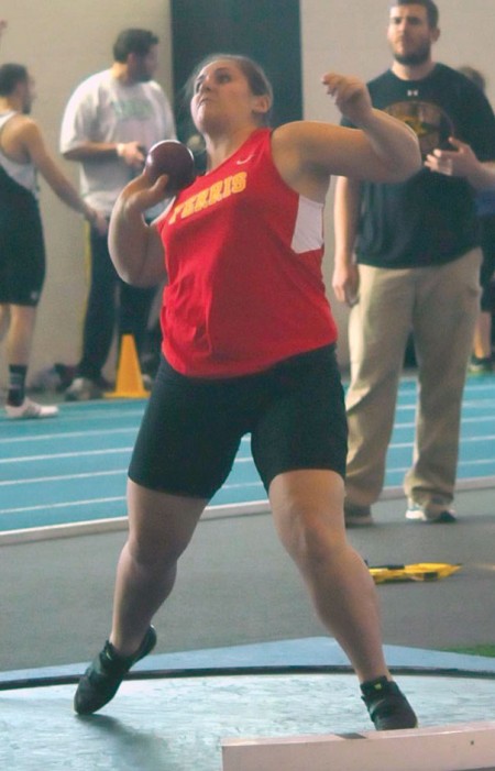 One Big Throw: Ferris junior thrower Jessica Pilling competes in the weight throw at the Big Meet at Grand Valley State. The team is preparing for the GLIAC Championships. Photo By: Olivia Odette | Photographer